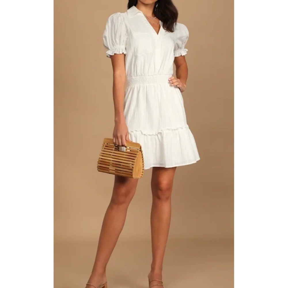 Lulus Sunny Day Picnic White Puff Sleeve Collared Mini Dress Small